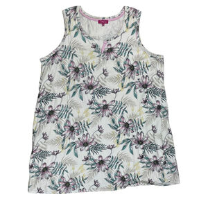 Carisma Tank Top Womens Size 2X White Floral 100% Cotton Sleeveless Henley Neck